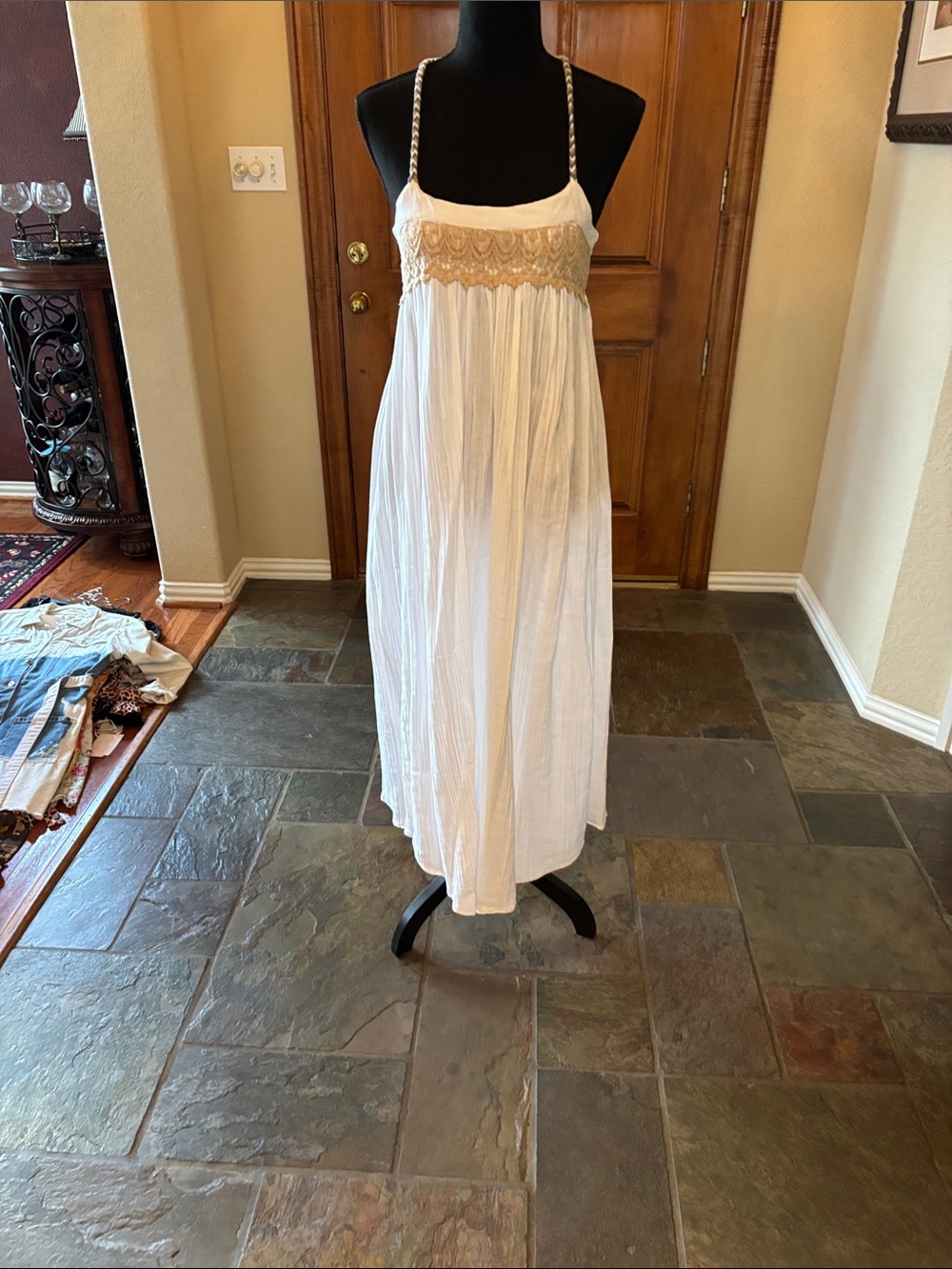 White Maxi Dress with Khaki Embellished Bodice